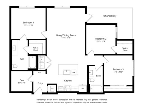 Floor plan for 3 beds, 2 baths, 1423 sqft